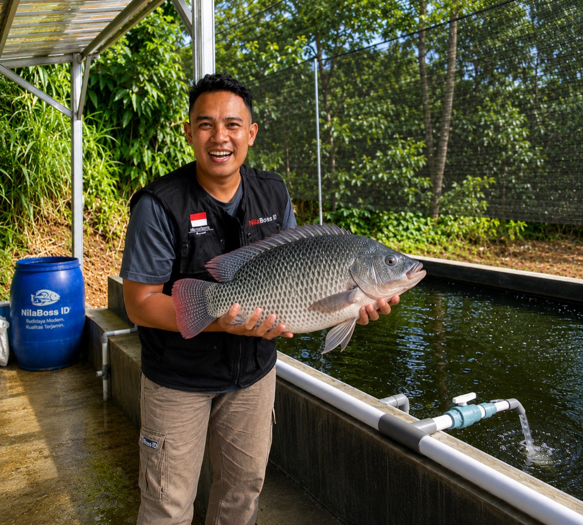 Tim NilaBoss ID memegang ikan nila hasil budidaya sistem RAS & Bioflok